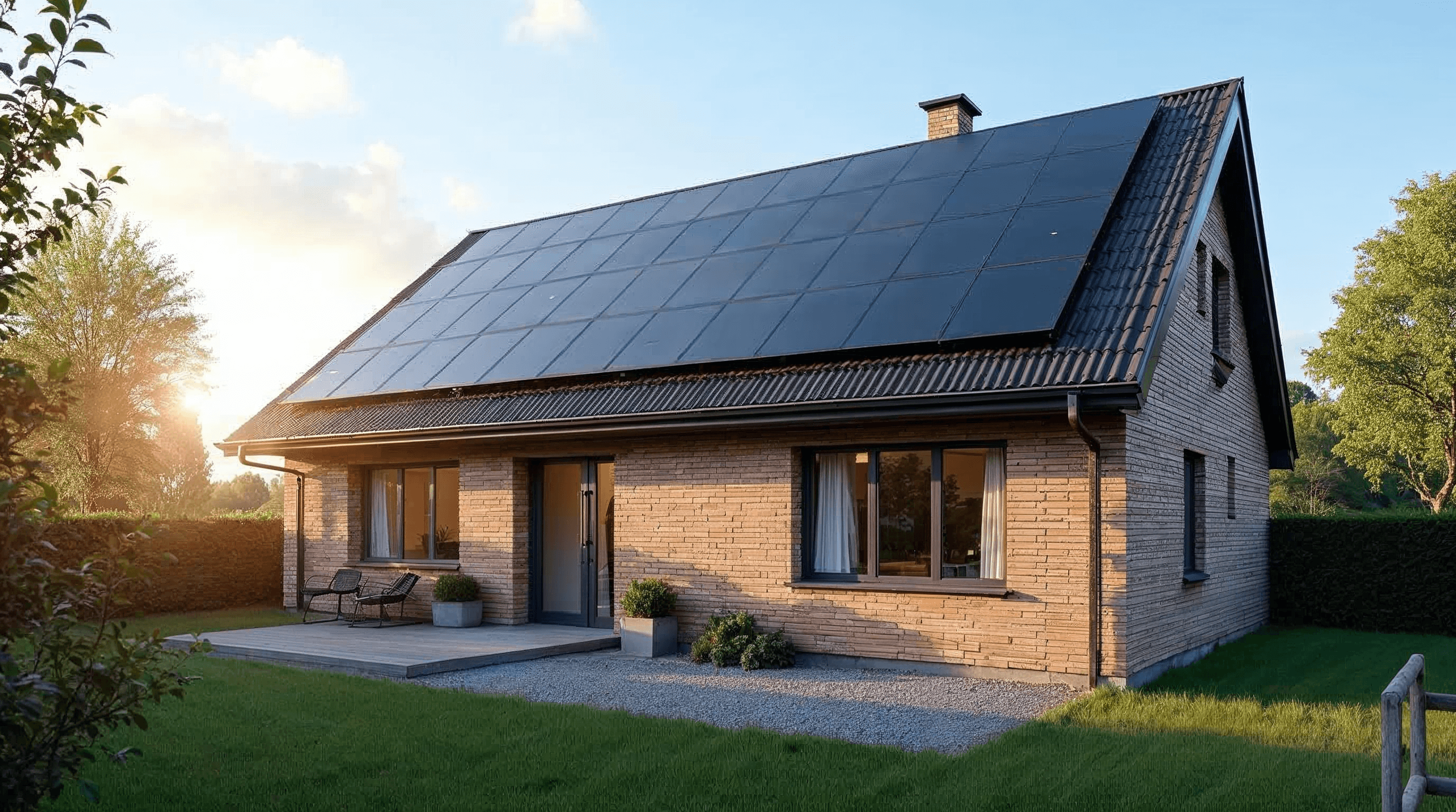 Einfamilienhaus mit voller Photovoltaikanlage auf dem Dach im Abendlicht